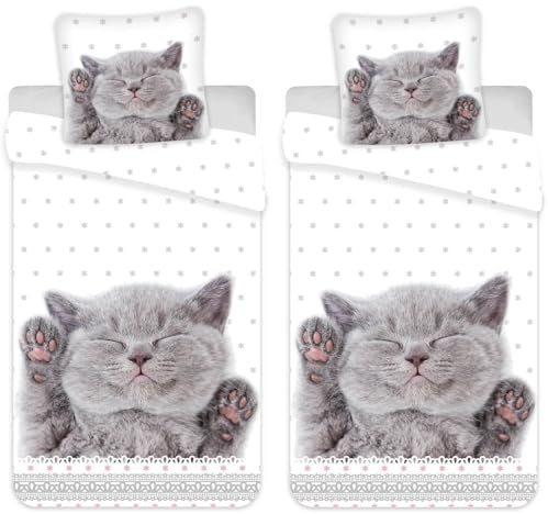 rainbowFUN.de Kätzchen Katze Partner-Bettwäsche-Set für 2 Personen Doppelbett 135x200 80x80 Baumwolle Kitten Welpe