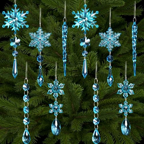 Bigqin 10 Stück Schneeflocken Weihnachtsdeko, Acryl Weihnachtsbaum Anhänger Eiszapfen, Kristall Hängende Ornamente Weihnachtsbaumschmuck Dekorationen für Weihnachten Party Hochzeit - Blau