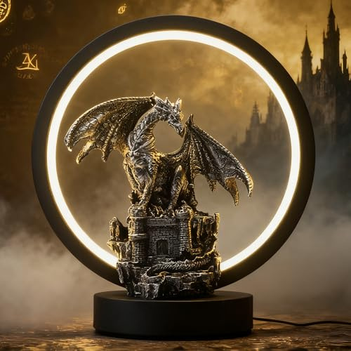 Hmusnwol Drachenschloss-Figur-Lampe, 15,6 cm, LED-Kreis, Tischlampe für Drachen, Liebhaber, Mann, Frauen, Weihnachtsgeschenke, Schlafzimmer, Bücherregal, Schreibtischdekoration