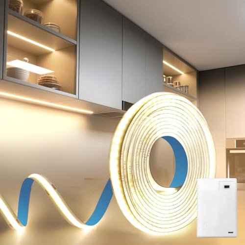 BAGZY Battery LED Strip Light COB 1M 5V Battery Powered LED Strip Tape Lights Natural White 4000K Self Adhesive Flexible Uniform Dotless Cuttable 320LEDs/M for Kitchen Mirror Bedroom Cabinet Decor