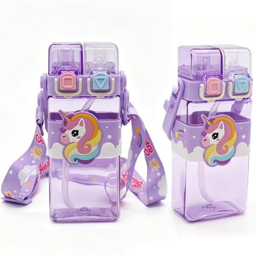KMFASVX Unicorn Kids Water Bottle With Straw, 520ml Unicorn Drinking Bottle Reusable Cup with Shoulder Strap Double Drinking Leakproof Bottles, Large Capacity Kids Bottle For School or Travel (A)