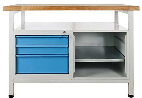 ADB Werkbank/Werktisch/Werkstatt Arbeitstisch/Werkzeugtisch 3 Schubladen, Traglast 500kg, ohne Rollen, massive Buchenholzplatte, Hergestellt in der EU, komplett montiert