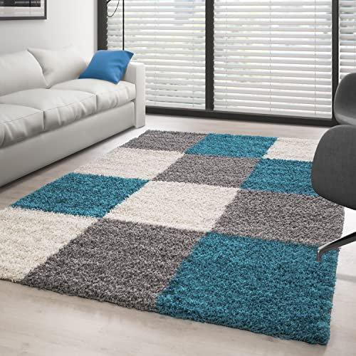 Carpettex Hochflor Teppich Wohnzimmer Shaggy Flokati Modern Kariert Design 80 x 150 cm Flur Läufer Türkis - Bettvorleger Schlafzimmer Weich Flauschig Waschbar Küchenläufer