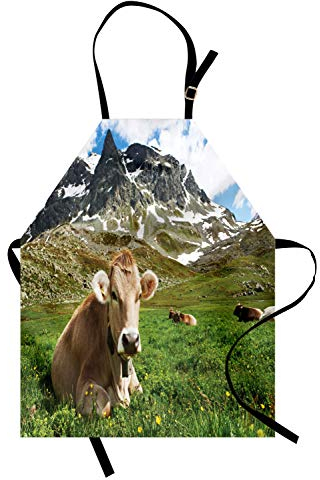 ABAKUHAUS Das Vieh Kochschürze, Milchkühe, die auf grüne Wiesen der alpinen Gebirgslandschaft Snowy legen und sich entspannen, Höhenverstellbar Klare Farben ohne verblassen, Farngrün Karamell