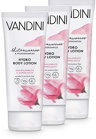 VANDINI Hydro Body Lotion Damen mit Magnolienblüte & Mandelmilch - Body Lotion für normale bis trockene Haut - vegane Body Lotion für Frauen ohne Silikone, Parabene & Mineralöl (3x 200 ml)