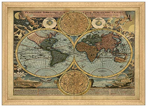 Poster e Stampa con Cornice Moderna - Antica Mappa del Mondo (461) - 70x100cm - Moderna Alto Spessore Legno Naturale