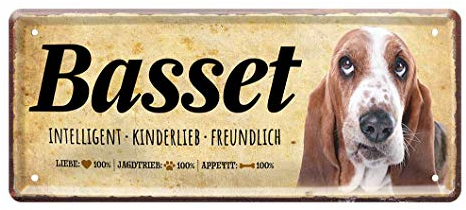 Blechschild Basset Hound - Deko Metallschild Hunderasse Wesensart Charakter Gattung - Hunde Zubehör Artikel - Geschenkidee Hundebesitzer Züchter Liebhaber - Wanddeko Türdeko Hundehütte - 28x12cm