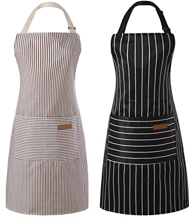 Tosewever 2 Stück Küchenschürzen, Baumwoll-Polyester-Mischgewebe, verstellbare Latzschürzen mit 2 Taschen, für Damen und Herren, Chefkoch (schwarz/braun gestreift, 2)