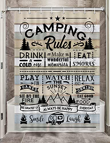 Camper RV Shower Curtain for Travel Trailer Bathroom, Farmhouse Camping Rules Quote Small Narrow Shorter Fabric Shower Curtains Set, Happy Camp Outdoor Decor Accessories with Hooks 36X72