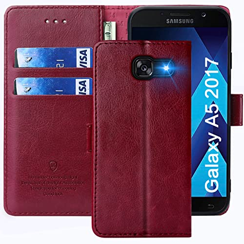 FMPCUON Hülle für Samsung Galaxy A5 2017 Handyhülle [Standfunktion] [Kartenfach] [Magnetverschluss] Tasche Flip Case Schutzhülle lederhülle klapphülle für Samsung Galaxy A5 2017 Rot