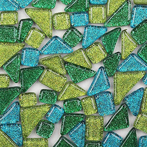 Bunte Glasmosaikfliesen 200g, Irregulär Glitzerkristall Mosaiksteine Glasstücke, Glasfliesen Glassteine für Basteln, Haus Deko(Hecke)