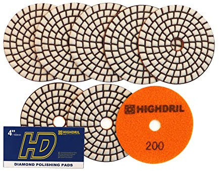 HIGHDRIL Almohadillas Pulido Diamante Seco - 8piezas #200 Almohadillas Lijado 100MM para Granito Piedra Mármol Suelo Grinder Pulir Almohadilla Kit para Taladro, Amoladora, Pulidora