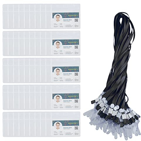 Ausweishalter, XiYee 50 PCS ID-Kartenhalter mit Schlüsselbändern, Durchsichtiger Kunststoff Horizontale Namensschilder Abzeichen, Kartenhalter ID Card Holder Für Büro, Schule und Ausstellung (Black)