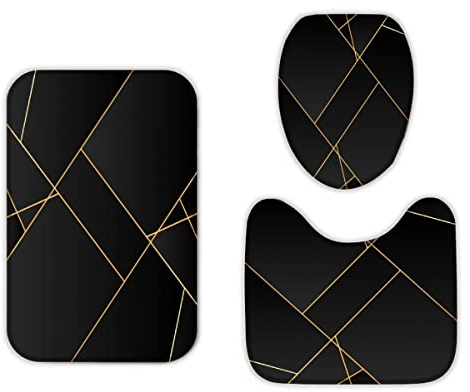 RLYXGS Geometrie Badezimmermatten und Teppiche 3-Teiligs Set Marmor Flanell Memory Foam rutschfeste Matten und Badteppich,Schwarz Toilettendeckelabdeckung,Badvorleger Badgarnitur WC Vorleger