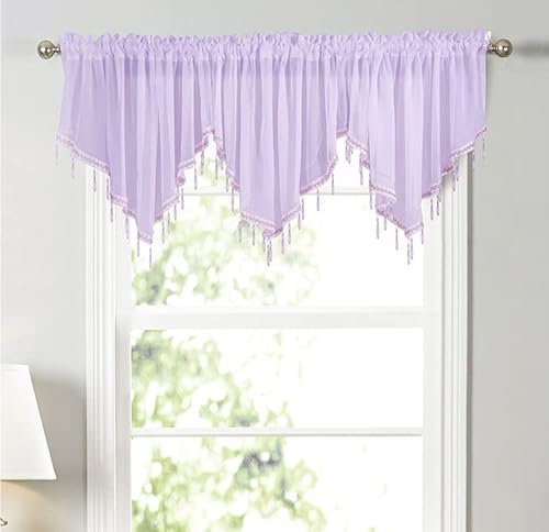Devola Dreieckiger querbehang Gardine spitze Scheibengardinen modern transparent Kurzer Vorhang mit hängenden Kristallperlen Küchenfenster Volant heimdekorationen Panneaux BxH 130x60cm Violett 1 Stück