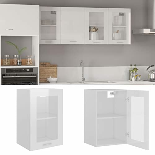 Mogou Hängeglasschrank Küche, Küchenschrank, Schrank Mit Glastüren, Küchenhängeschränke, Wandvitrine Hängend, Hochglanz-Weiß 40x31x60 cm Spanplatte