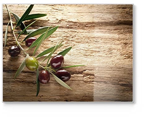 DEQORI Schneidebrett aus Glas | groß 40x30 cm | Motiv Dekorativer Olivenzweig | Design Schneideplatte für Küche | Frühstücksbrett antibakteriell & rutschfest | Glasplatte & Servierplatte