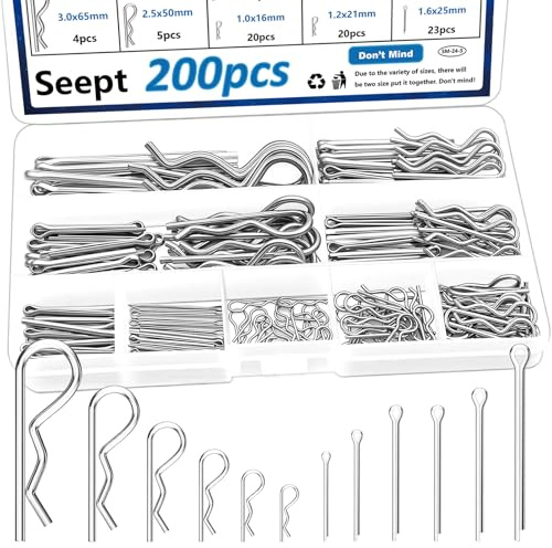 Seept 200Pcs 304 Stainless Steel Cotter Pins Assortment Kit - Hitch Pin Clips for Locking Systems | Ideal for Farm Tools, Tractor Implements, and Accessories