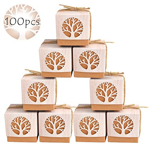 omboniere per Battesimo Comunione Matrimonio - 100 Scatoline Regalo Albero della Vita con Corda di Juta, Coriandoli e Decorazioni per Feste Neonato, Cresima e Eventi Speciali (100pcs)