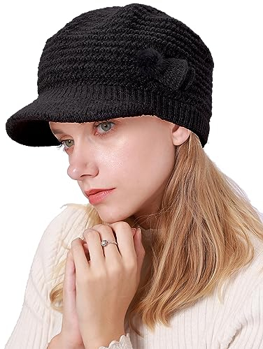 CheChury Strickmütze Damen Barett Winter Fleece Mütze Warme Frauen Grobstrick Wintermützen Kaschmir Mütze mit Shirm Baskenmütze Winter Damen Beaniemütze mit Schirm Wollmütze Damen Schirmmütze,Schwarz
