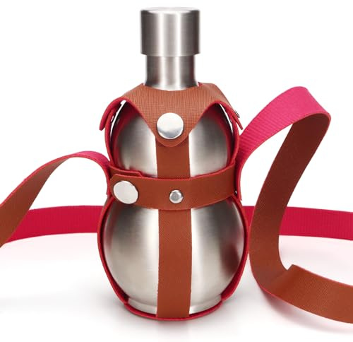 SNOMEL 16.9 Oz Stainless Steel Gourd Bottle, Metal Gourd Water Bottle with Brown Strap, Small Drinking Gourd, Whiskey Alcohol Liquor Flask Flagon for Men Women Outdoor