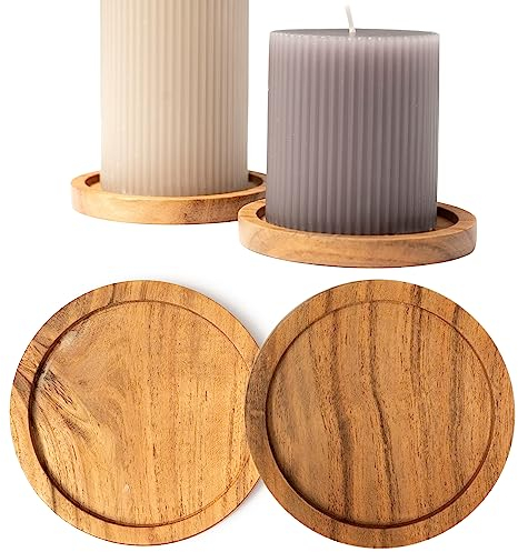 Plogis Kerzenteller Rund Akazie - 4er Set Untersetzer für Kerzen bis 8 cm Durchmesser/Kerzenuntersetzer Holz für Stumpenkerzen Taufkerzen Unterteller Kerzen Teller/Kerzenhalter Holz 6cm 7cm 8cm
