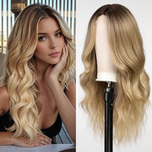 WOKESTAR Lange gewellte Ombre Dreckiges Blond Perücken für Frauen, hitzebeständige Perücke mit Mittelscheitel für den Alltag