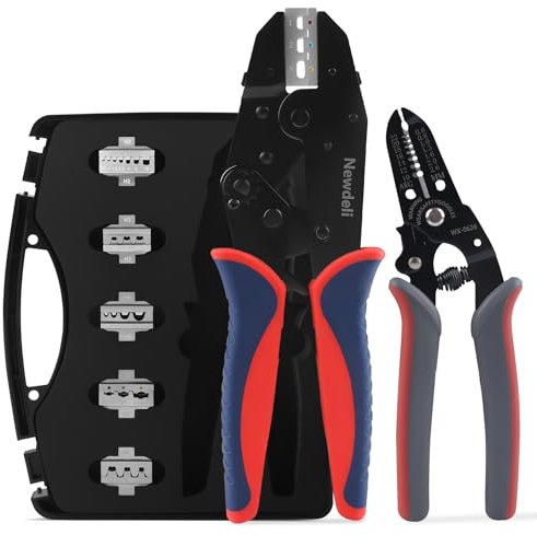 Newdeli Wire Crimping Tool Kit 7PCS Ratchet Wire Crimper Plier for Heat Shrink Connectors Ferrule Connectors Solar Connector Open Barrel Connector Insulated Nylon & Non-insulated Ring Terminals