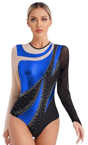 Doomiva Damen Metallic Turnanzug Langarm Tanzbody Patchwork Eiskunstlaufanzug Leotards Trikotanzug Einteiler Tanzanzug Blau L