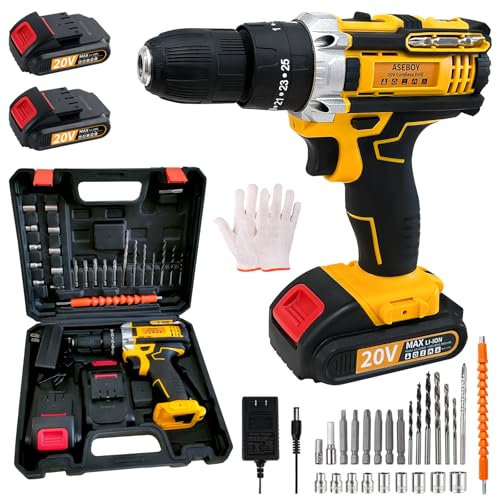Aseboy Cordless Drill with Battery and Charger, Power Drill Cordless, Electric drill Set with 3/8 Keyless Chuck, 25+3 Torque Settings for Screwdriving, Drilling (2 Batteries)