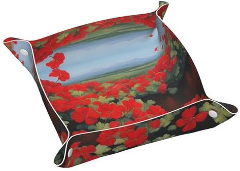 Rote Geranien-Topfpflanzen-Drucke, Leder-Aufbewahrungstablett, wasserdicht und leicht zu reinigen, für ordentliche Schlüssel, Schmuck, Make-up und andere kleine Gegenstände, klein 24 x 24 cm