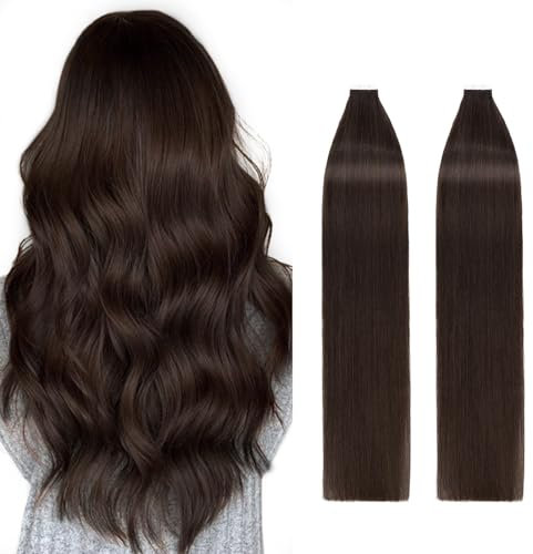 Silk-co 20inch Tape in Hair Extensions 40Pcs #02 Dark Brown Real Silky Soft With Invisible Glue Human Hair Extension Skin Weft 100g Silky Soft Seamless Straight