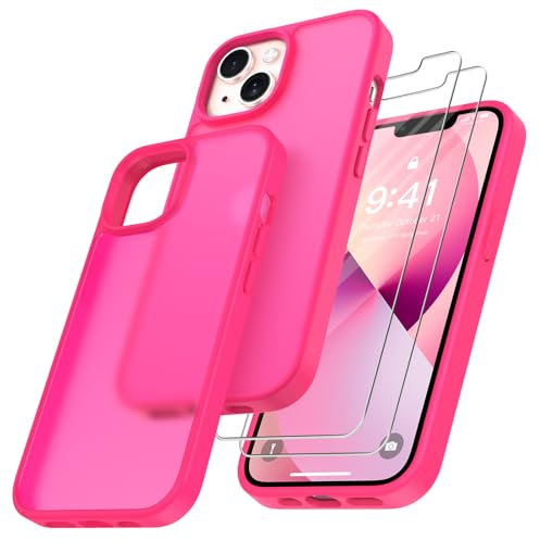 Niphabe Coque Compatible avec iPhone 13 avec 2 Verre Trempé, Anti-Jaunissement Dur PC Housse Anti-Rayures Protection Case Antichoc Coque avec Bumper TPU Compatible avec iPhone 13 Case 6.1 -Rose Vif