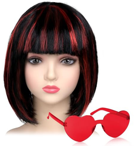 iZoeL Bob Perücke Kurze Bob Wig Damen Haar Perücken Gerade mit Flach Pony 80er 70er Jahre Perücke Brille Karneval Fasching Cosplay Perücke(Schwarz mit roten Strähnen)