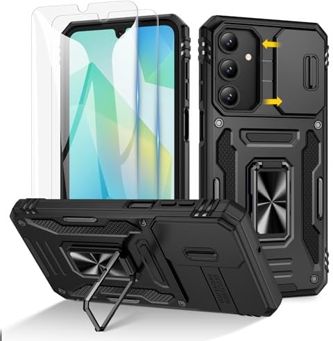 Doeshine für Samsung Galaxy A16 Hülle mit 2 Stück Displayschutzfolie & Kameraschutz, Magnetisch Ring Ständer, Robust Fallschutz Handyhülle Outdoor Militär Schutzhülle für Galaxy A16 (Schwarz)