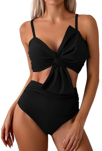 LUNNTE Bikini Sets für Damen High Waist Hoher Taille Bademode Bauchkontrolle Zweiteiliger Badeanzug Blumenmuster (Schwarz, S)