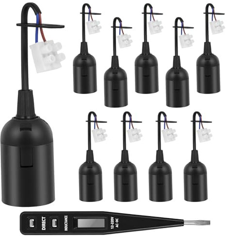 AUAUY Lot de 10 Douille E27 avec Fil, Douille de Lampe + Testeur de Tension VDE, Douille de Lampe E27 avec Pince Enfichable, Noir