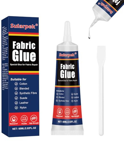 Sularpek Colla per Tessuti, 60 ML Colla per Stoffa, Collas per Tessutis Resistente Ai Lavaggi, Collas per Tessutis Auto per Tutte Le Fibre Naturali, Tessuti Di Poliestere, Jeans, Impermeabile
