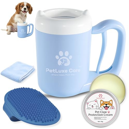 PetLuxe Care Dog Paw Cleaner, Paw Washer Cup with Soft Silicone Bristles, Portable Dog Foot Washer, 4-in-1 Paw Cleaner Kit with Paw Balm, Microfiber Towel & Grooming Brush (Blue, Small)