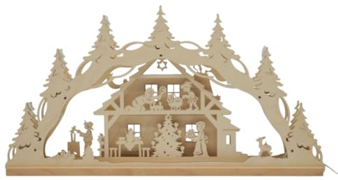 Erzwelt - Lichterbogen ELB – Motiv Weihnachtshaus | 32 x 56 x 5 cm – Schwibbogen aus Holz – Leuchtbogen mit 7 Kerzen – Original Erzgebirge Fensterbogen – Weihnachtsdeko