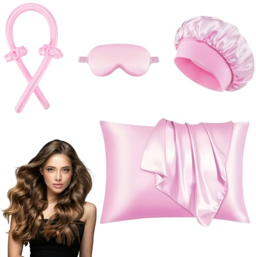 AOOWU Bigodino Lungo Per Boccoli, 6 Pcs Set Arricciacapelli con Cuffia da Notte, Maschera per Gli Occhi Federa e 2 Fascia per Capelli, Fascia Bigodino in Raso Senza Calore, per Capelli Medi Lunghii