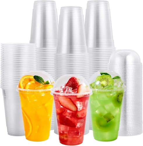 ECONX 200 X Smoothie Cups with Dome Lids 8oz Strong Clear Plastic Cups Reusable for Smoothies, Juice, Milkshakes, Iced Coffee, Slusly, Bubble Tea, Thick Drinks Perfect for Takeaway Restaurants