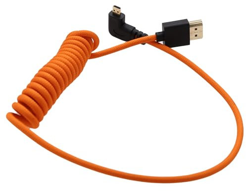 HangTon Micro HDMI 4K 8K 60P Rohkabel für ATOMOS Ninja V Portkeys Monitor Canon R5C R6 Sony A7CII A7CR ZV-E1 GH4 S9 Z50 XT50 Kamera, rechtwinklig Typ A D HDMI2.1, orange Spirale, 50 cm
