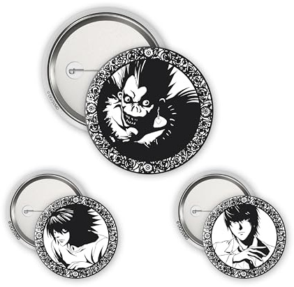 ABYstyle – Pack of 3 DEATH NOTE Light, L & Ryuk Badges – Official Product – Diameters 5 cm & 3.2 cm – Soft-Touch Feel
