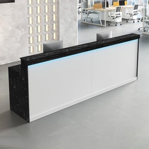 71 Modern Reception Desk with LED Lights, Front Desk Reception Counter with Lockable Drawer, Storage Cabinet & Keyboard Tray for Office, Salon, Checkout (Black Grain & White)