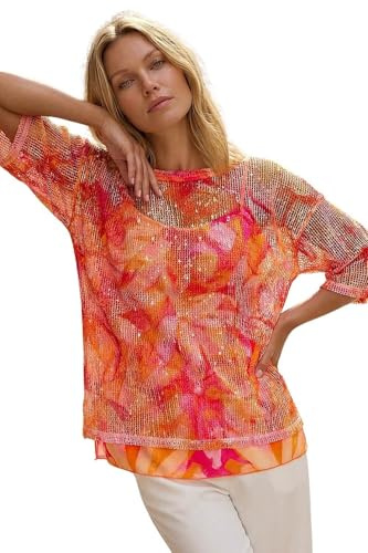 Roman Mesh Overlay Floral Print Blouse for Women UK - Ladies Smart Top Casual T-Shirt Summer Spring Flower Printed Mesh Layer Stretch Jersey Comfy Tee Shirt - Orange - Size 16