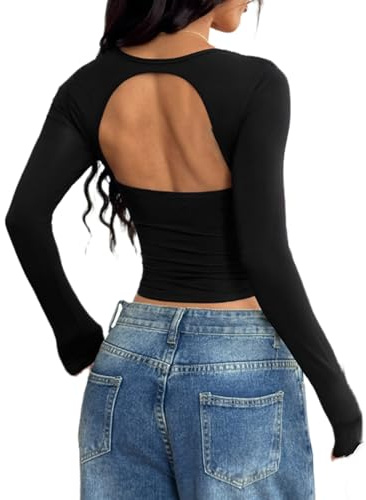 Womens Y2K Open Back Basic T-Shirts Long Sleeve Backless Sexy Going Out Crop Tops Trendy Teen Tight T Shirt Top
