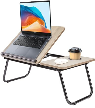 Holdfiturn Foldable Laptop Desk, Laptop Table with Cup Holder, Height Adjustable Computer Bed Tray Table, Reading Holder Notebook Stand for Eating Reading Working (Gray Wood Grain)