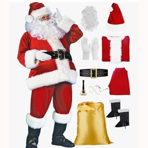 Costume da Babbo Natale da uomo, set da 10 pezzi, deluxe per adulti, taglie forti, cosplay, vestiti, pantaloni, stivali, cappello, barba, borsa, campana, guanti, occhiali, cintura, vestito di Babbo