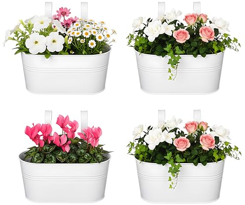 DIVCHI 4PCS Heavy Duty Metal Hanging Plant Pots 30cm Fence Railing Planters with Detachable Hooks Balcony & Garden Flowerpots with Drainage Hole Outdoor & Indoor Décor Planters (White)